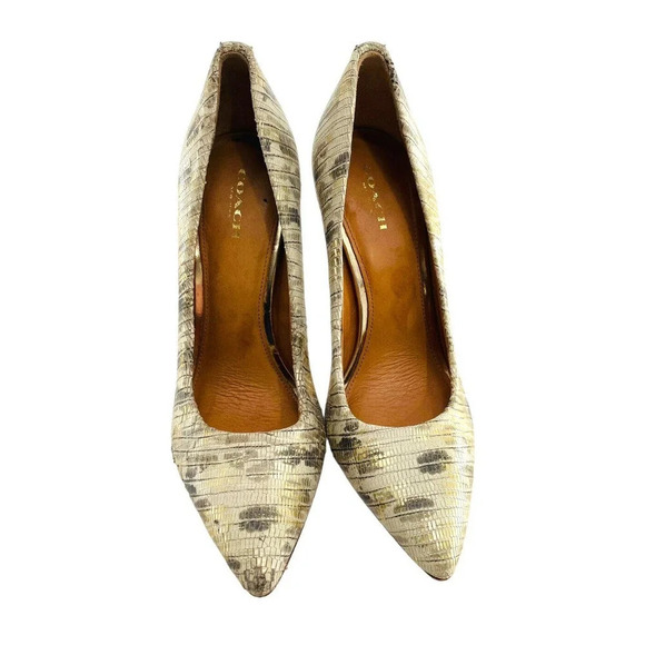 COACH Harlee Gold Snakeskin Embossed Pumps Pointed Toe Heels Shoes size 7 - Picture 5 of 16